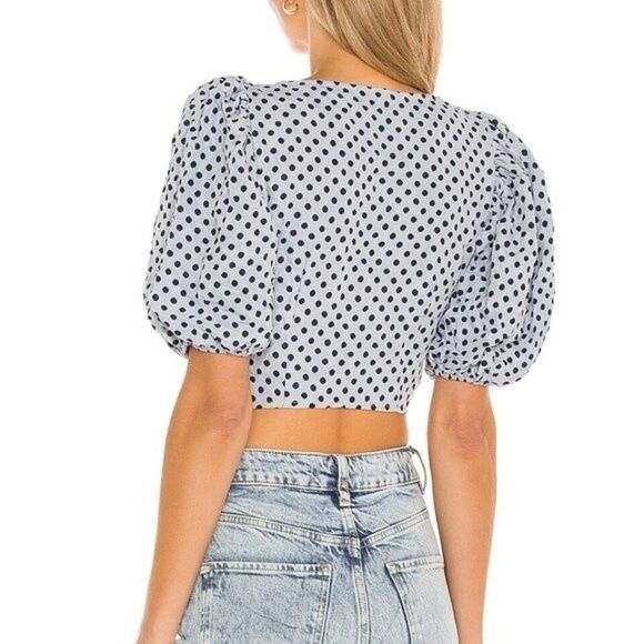FREE PEOPLE Top Womens 2 Dusty Blue Polka Dot Puff Sleeve Blouse Cropped Shirt - Picture 10 of 12